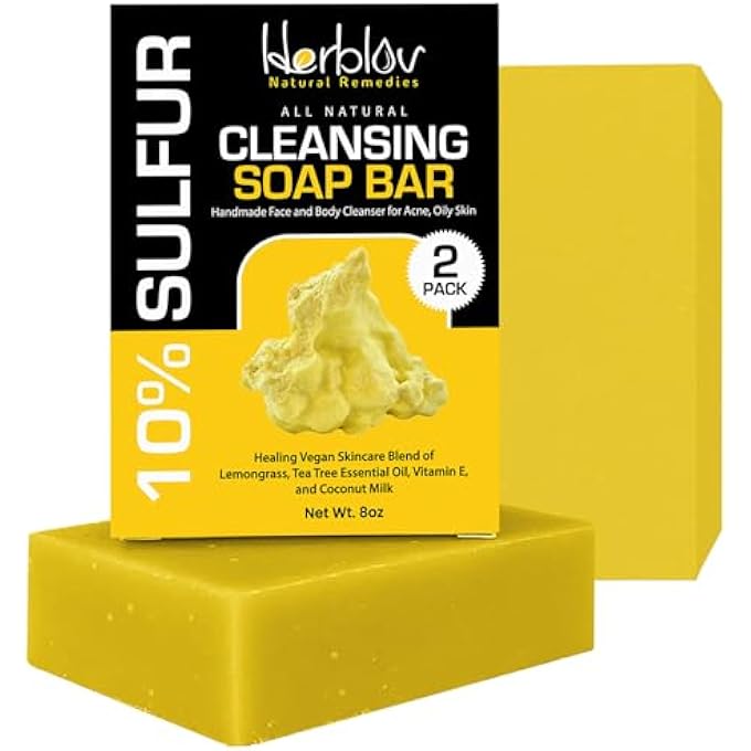 Herblov CLEANSING 10% SULFUR SOAP BAR FOR FACE & BODY  NATURAL SHINE CONTROL FACIAL CLEANSER FOR ACNE, OILY SKIN  MADE IN USA HEALING SKINCARE WASH WITH LEMONGRASS, TEA TREE OIL, VITAMIN E, COCONUT MILK - Image 1